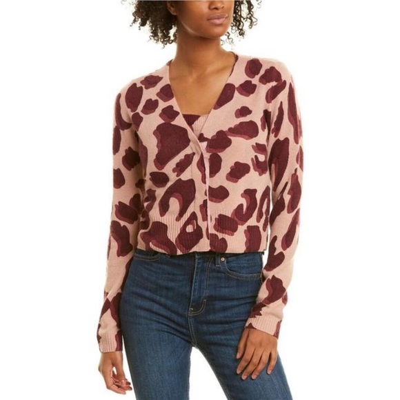 525 America 100% Cashmere Cropped Shadow Leopard Print Cardigan Pink Maroon Red